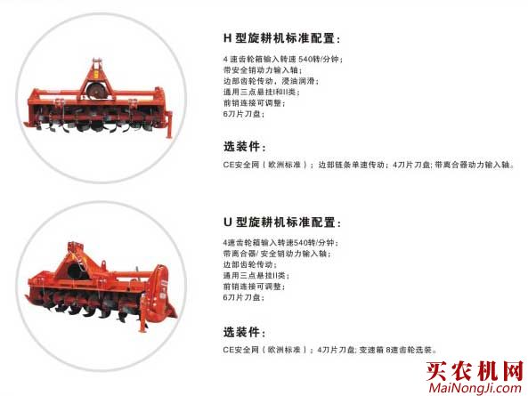 马斯奇奥H、U型旋耕机标准配置表